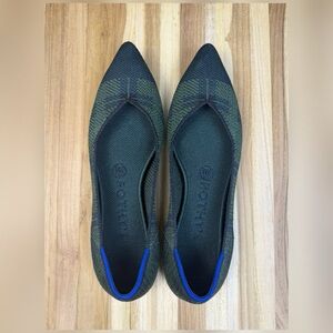 Rothy's Olive and Black Pointed Knit Flats with Blue Trim